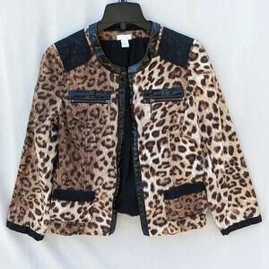 Chico's Women's Matilda Cheetah Print‎ Cotton Blazer Size 1 Faux Leather